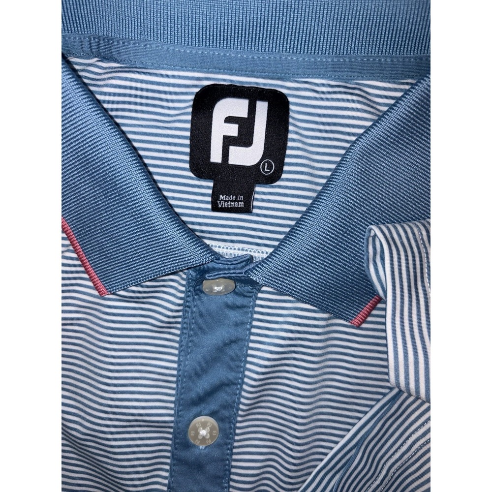 FJ Footjoy Large Golf Polo Blue White  Striped Performance Stretch Contrast Trim